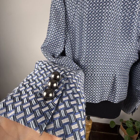 H Hilfiger Silk Cotton Blend Jacket Women’s Geometric Blue Blazer, 00s Y2K - Picture 5 of 13